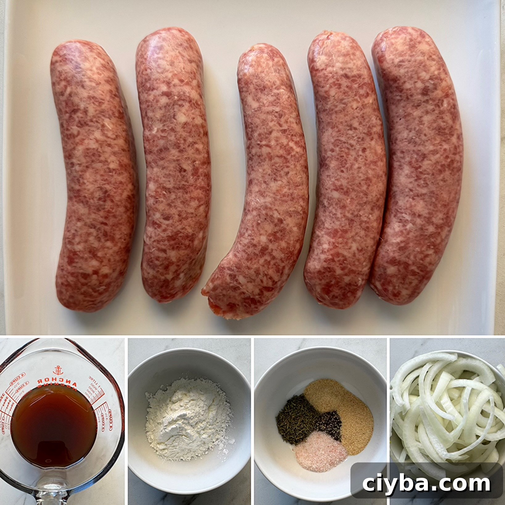 collage of ingredients for Slow Cooker Bangers and Mash
