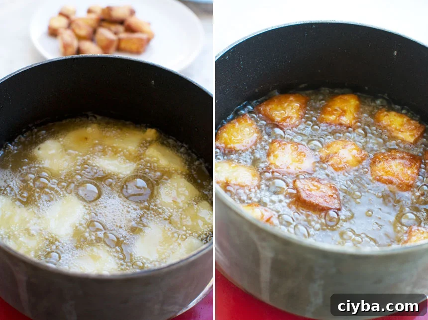 frying fried halloumi bites in a pan with oil (collage of 2 images before and after frying)
