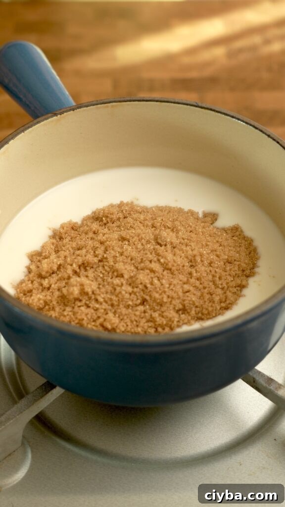 making the latik syrup with coconut milk and brown sugar