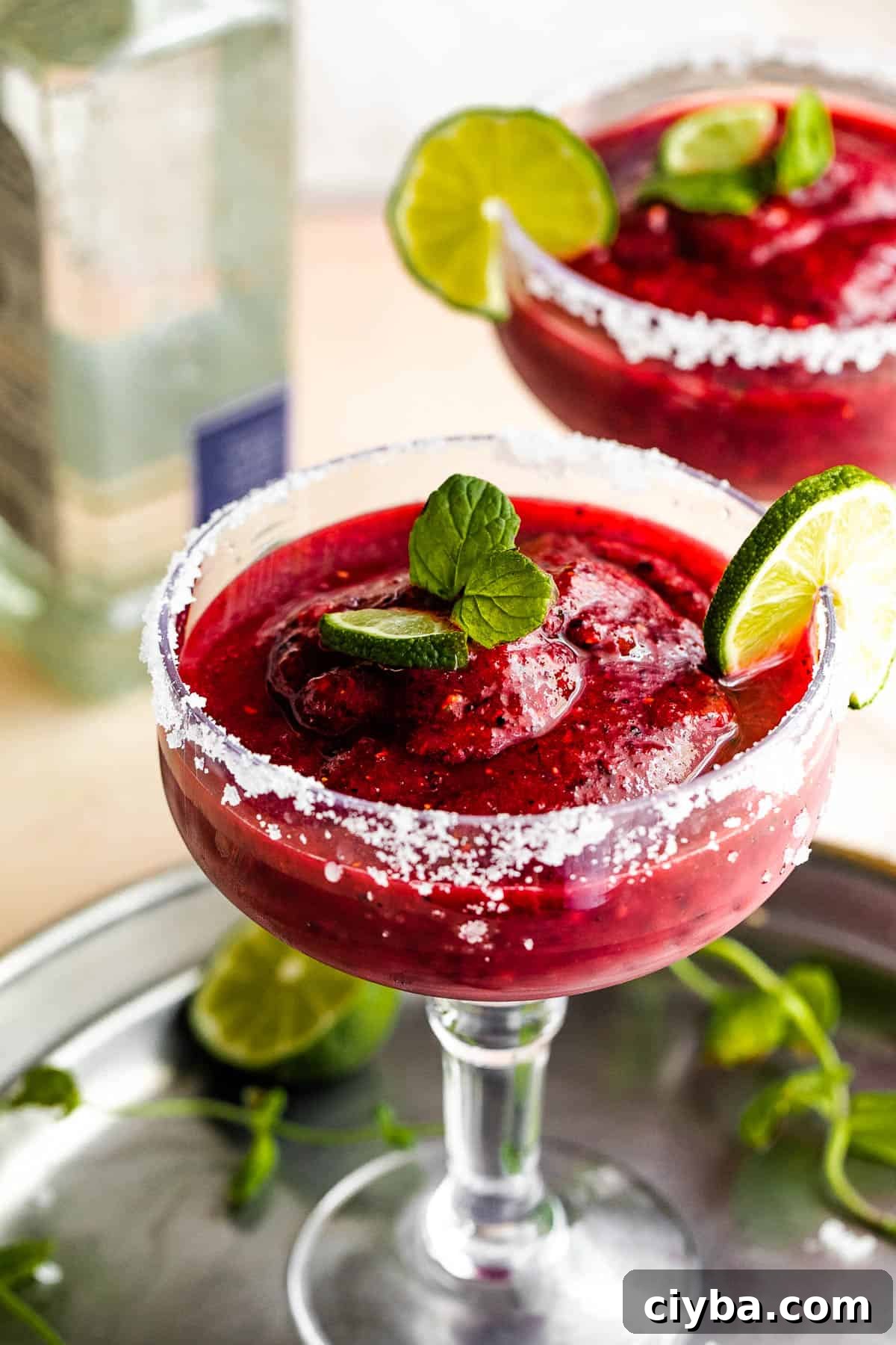 Frozen Berry Margarita served in a margarita glass with salted rims, slice of lime, and mint