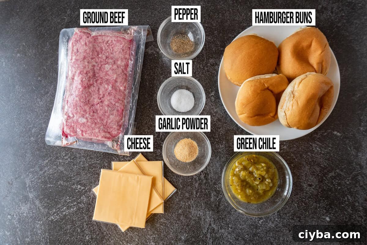 green chile cheeseburger ingredients in individual bowls and labeled.
