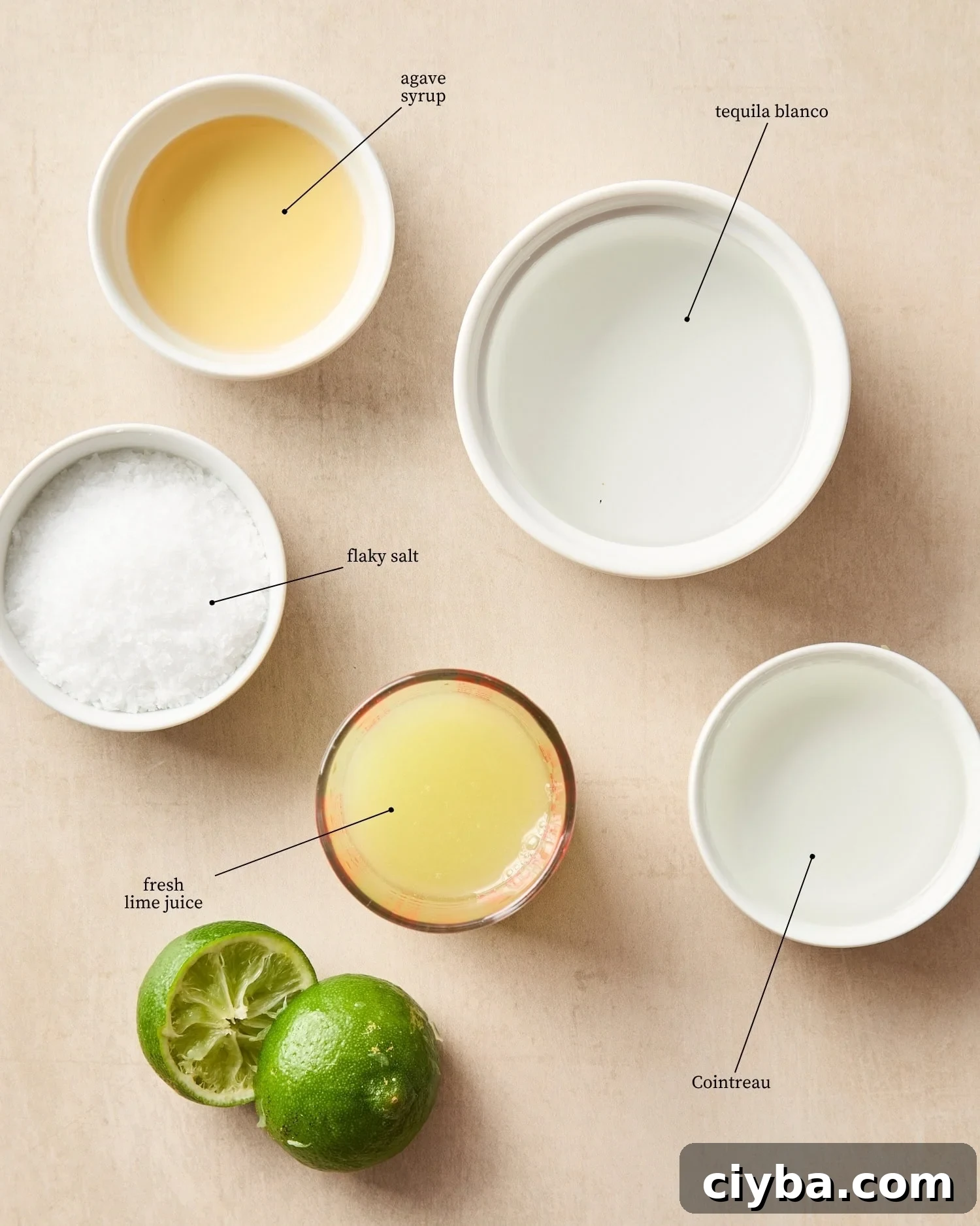 Classic Margarita Recipe: How to Make an Authentic Margarita 4 Surface filled with ingredients needed for a classic margarita recipe including tequila, Cointreau, agave syrup, and lime juice.