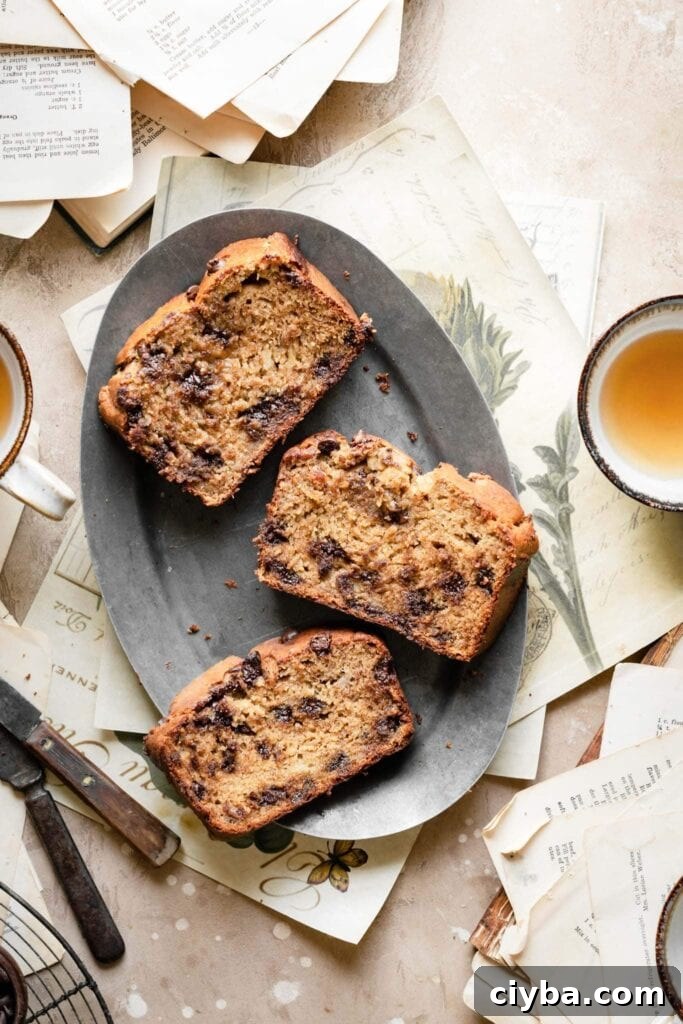 Sliced of chocolate chip bread on plate.