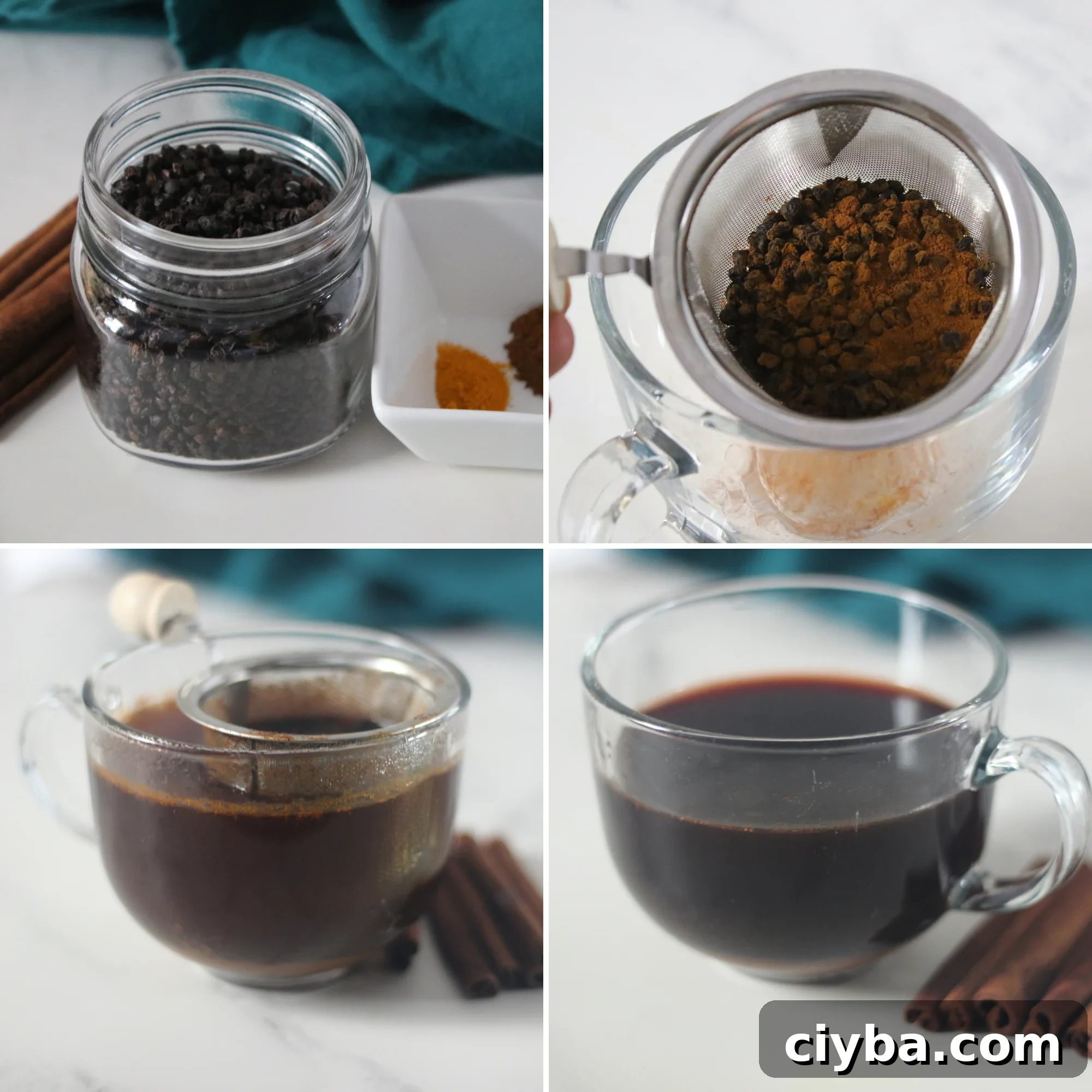 A collage of images demonstrating the steps for making elderberry tea. 