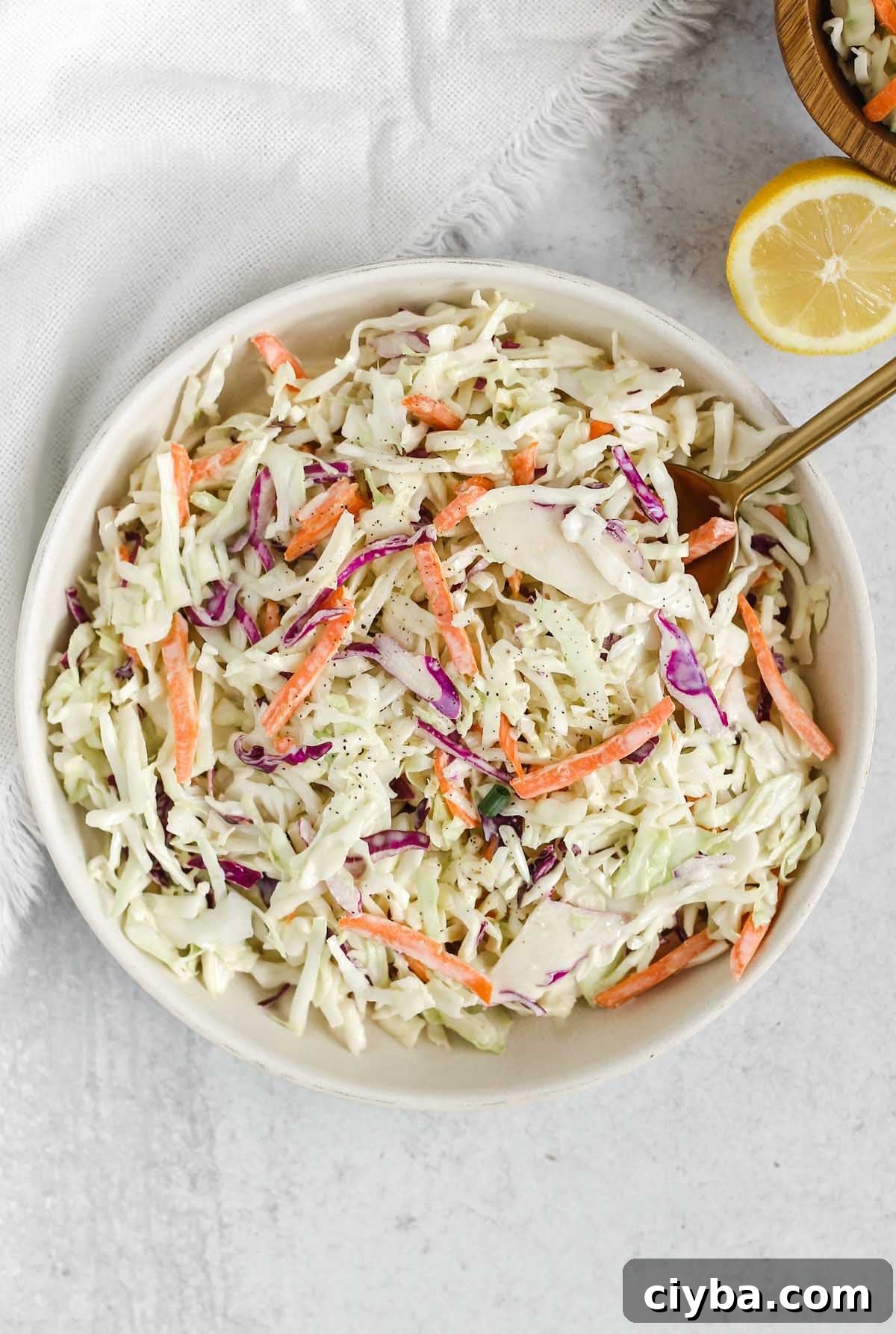 Creamy Whole30 and Paleo Coleslaw Recipe for BBQs and Meals 2 Whole30/Paleo coleslaw in a serving dish with a gold spoon.