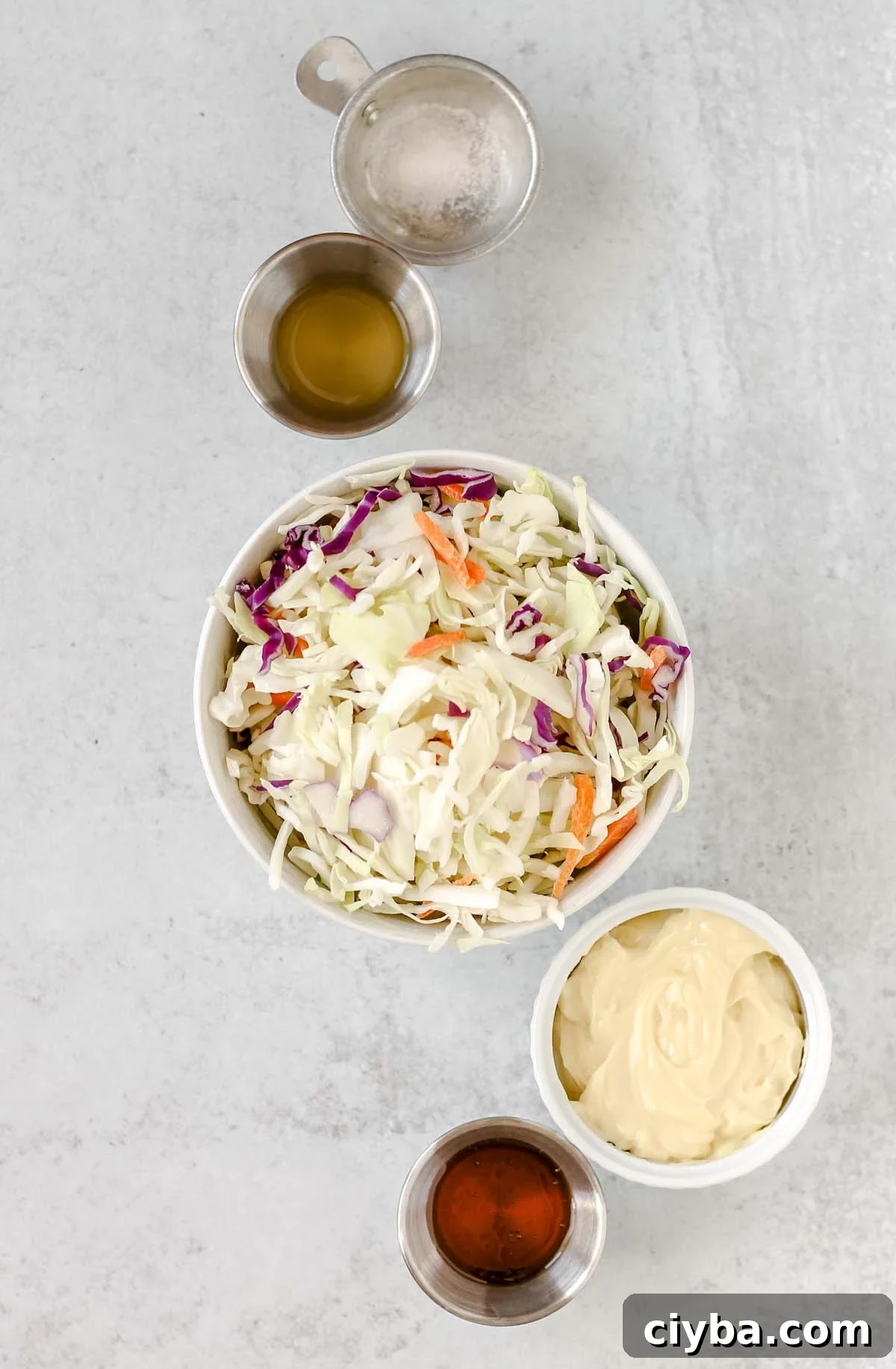 Creamy Whole30 and Paleo Coleslaw Recipe for BBQs and Meals 3 Ingredients needed for Whole30 and Paleo coleslaw.