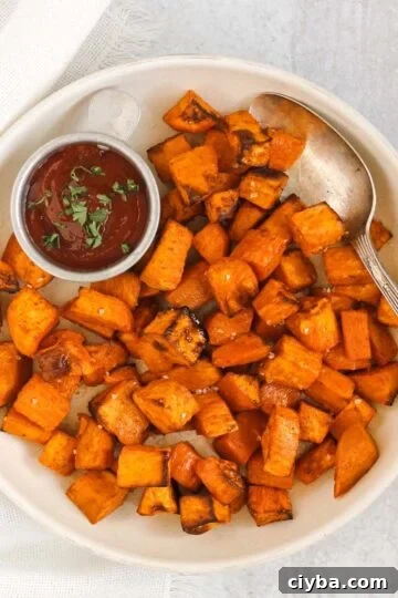 Air fried sweet potato cubes with a vintage serving spoon and side of ketchup on a round cream plate.
