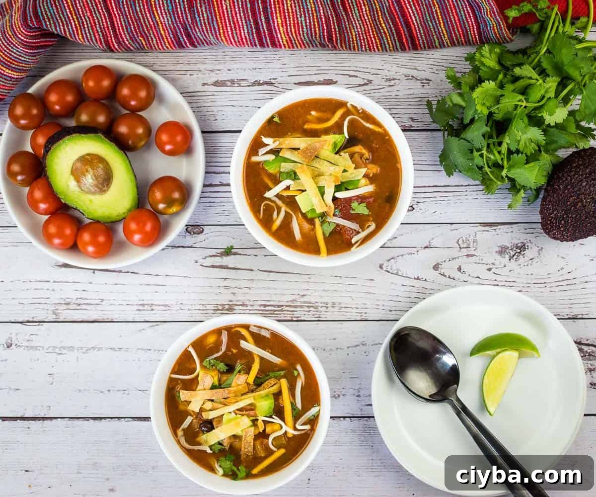 Smoked Chicken Tortilla Soup in two white bowls with garnishes nearby.