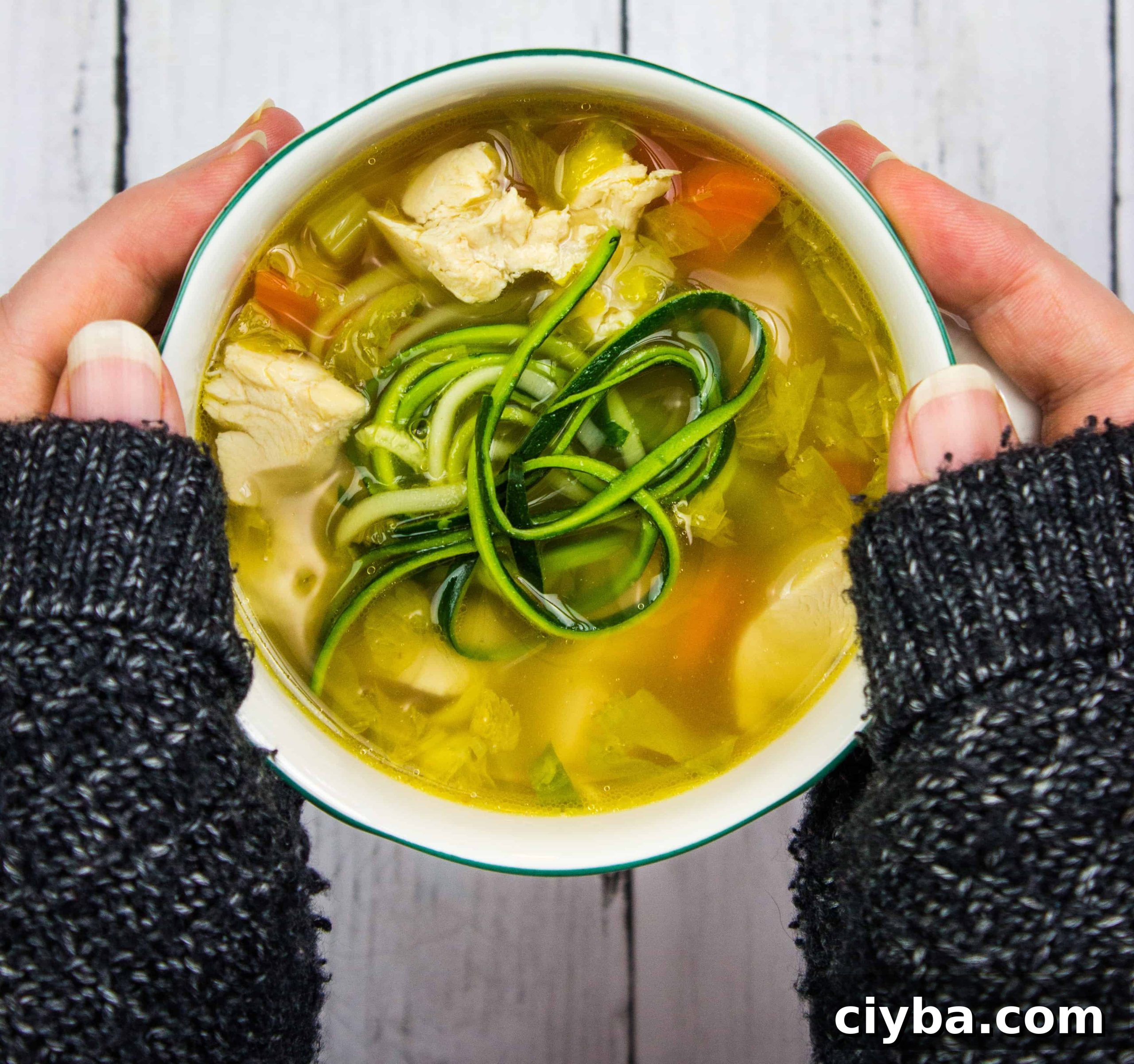 A person holding a bowl of chicken and zucchini soup.