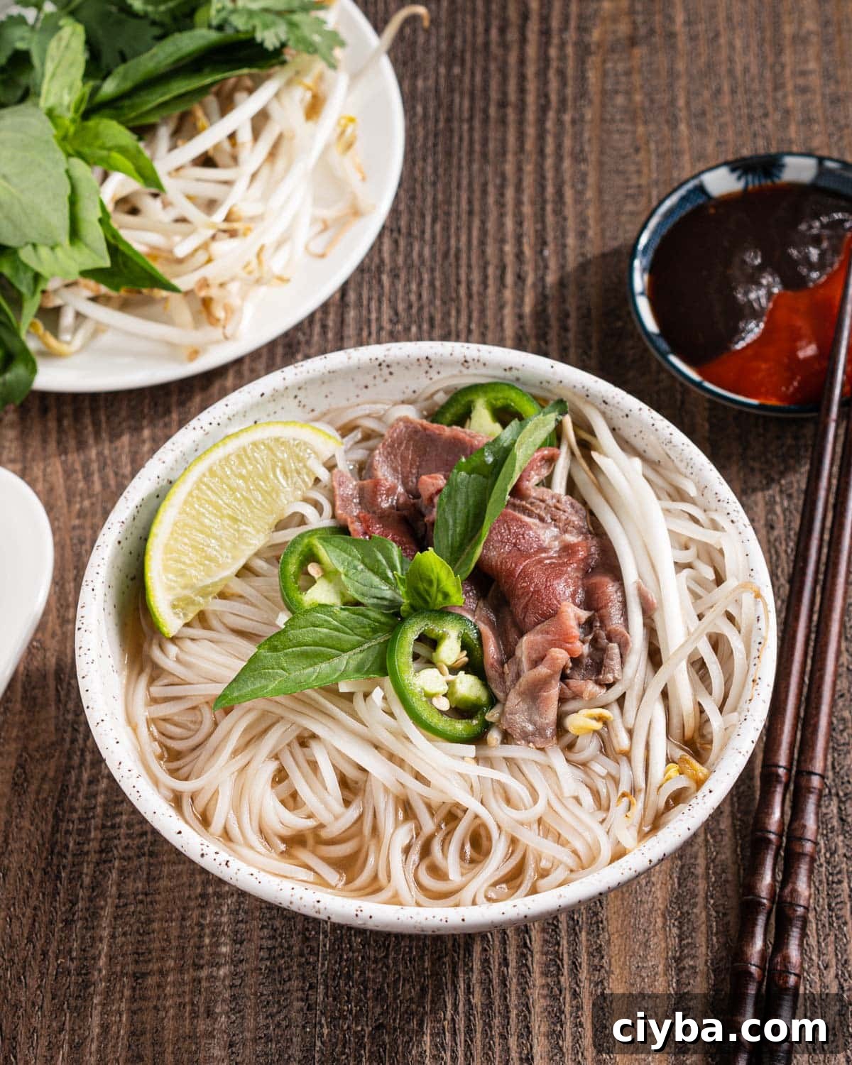 Bowl of pho with rare beef.