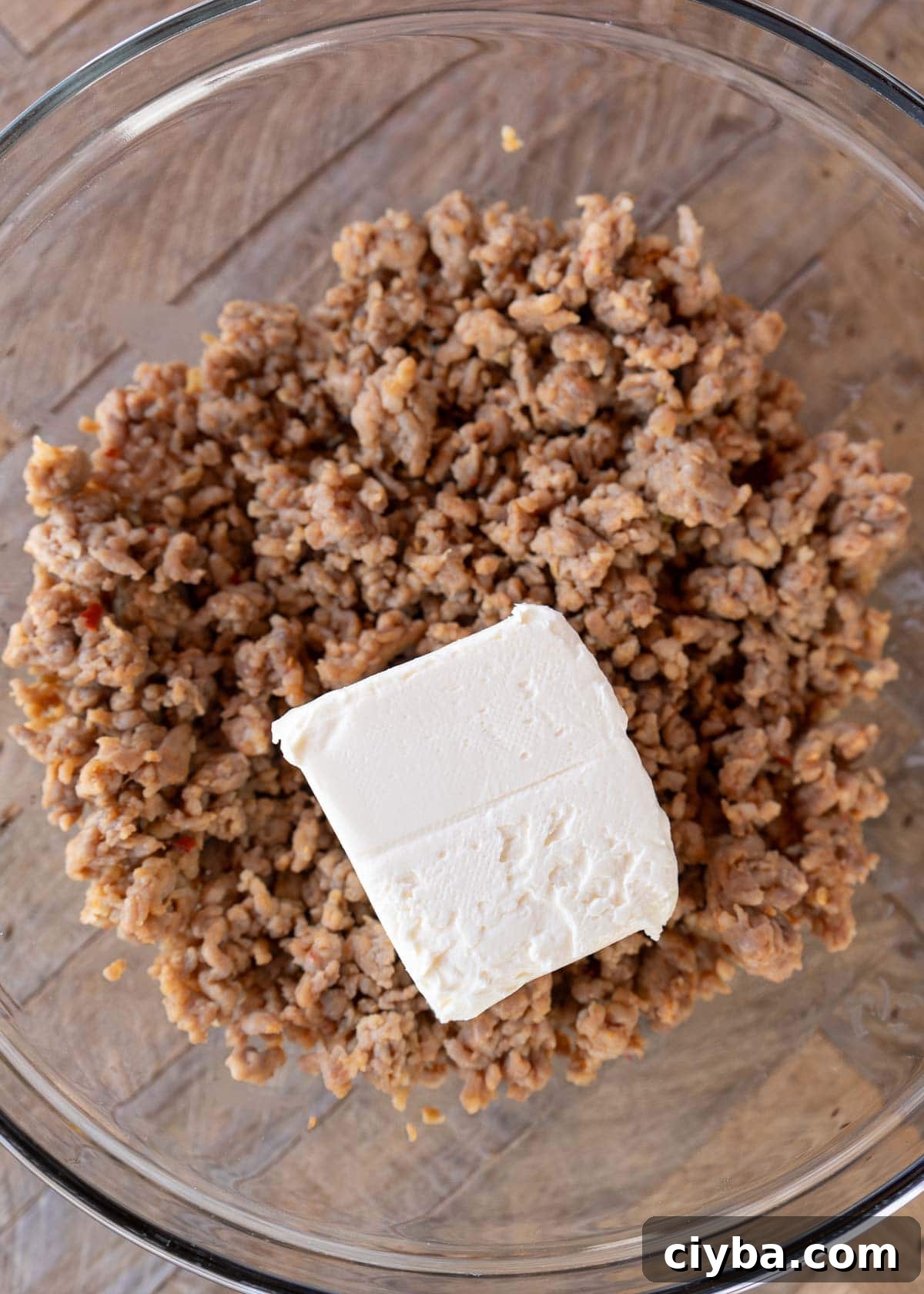 sausage and cream cheese in bowl