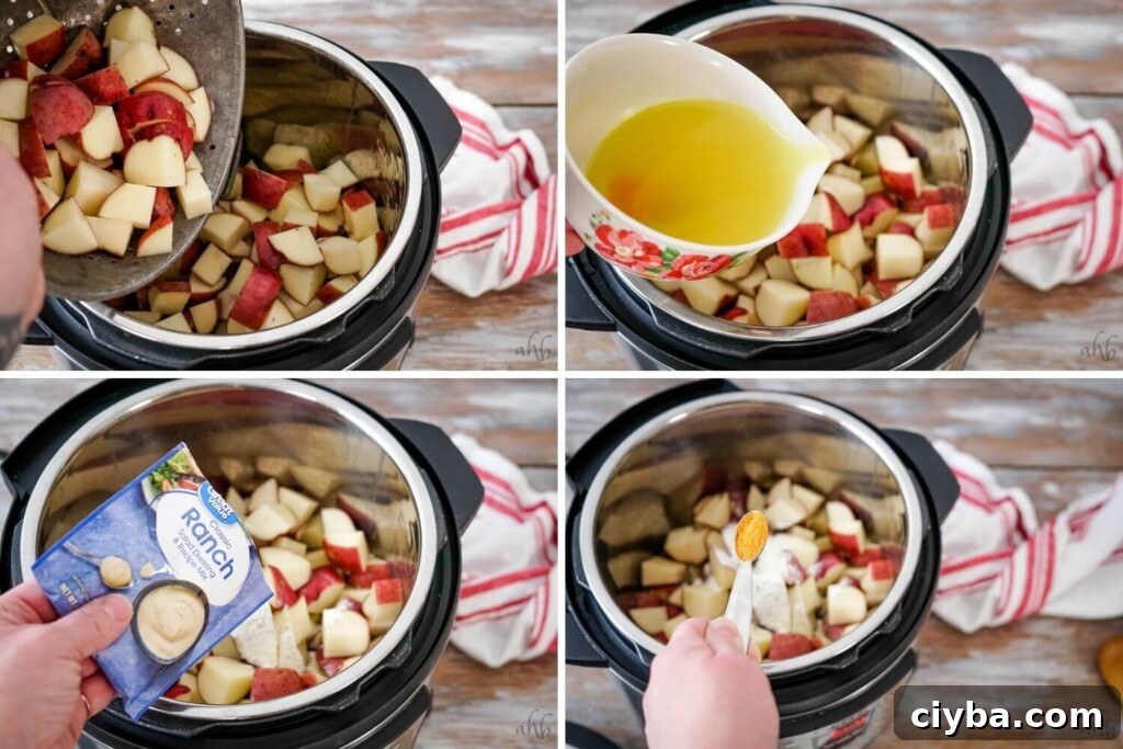 A collage image showing the potatoes, broth, ranch dressing packet and seasoned salt being added to the instant pot. 