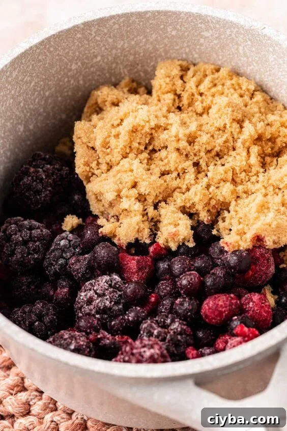 Ingredients for mixed berry compote in a pot ready to cook.