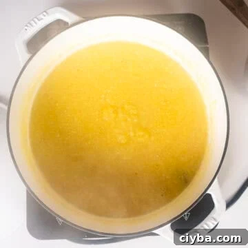 Simmering polenta in a dutch oven.