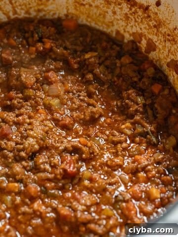 Pot of bolognese meat sauce.