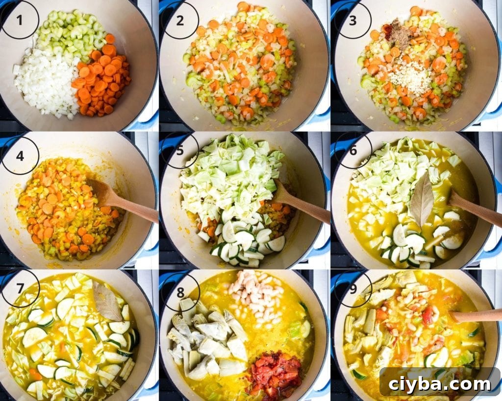 Homemade Garden Vegetable Soup Recipe for Comforting Meals 4 Grid of nine photos showing step-by-step soup preparation.