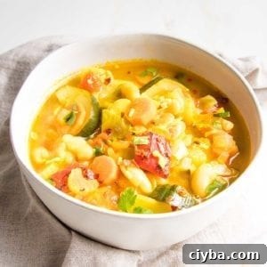 Homemade Garden Vegetable Soup Recipe for Comforting Meals 8 White bowl filled with chunky veggies in a brothy soup.