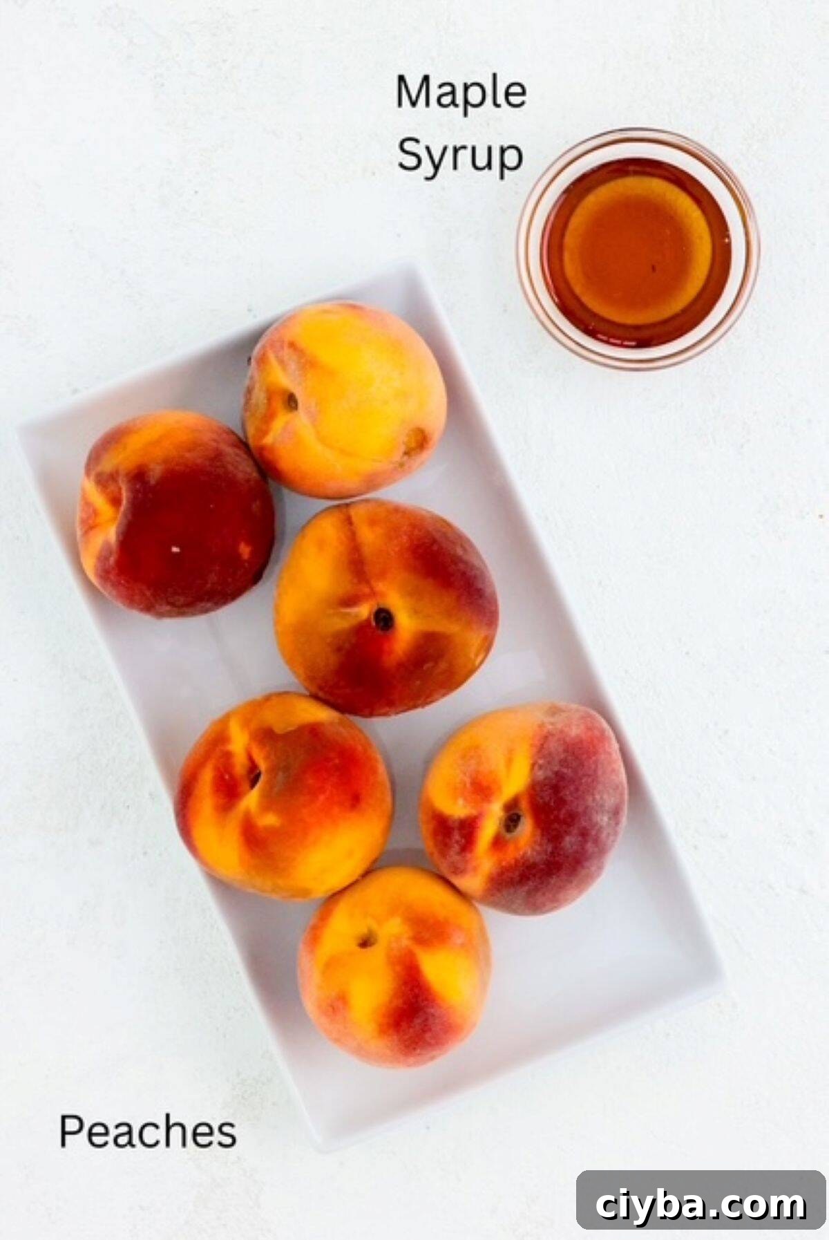 Ingredients for making roasted peaches, labeled.