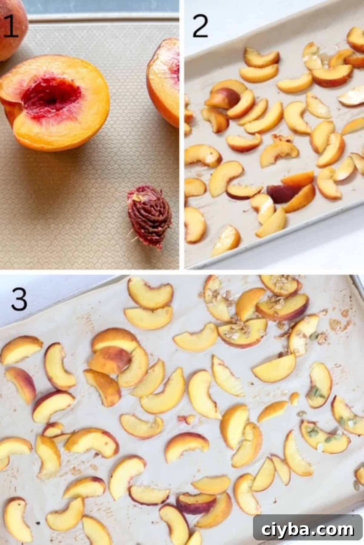 Three numbered images showing how to make roasted peach slices.