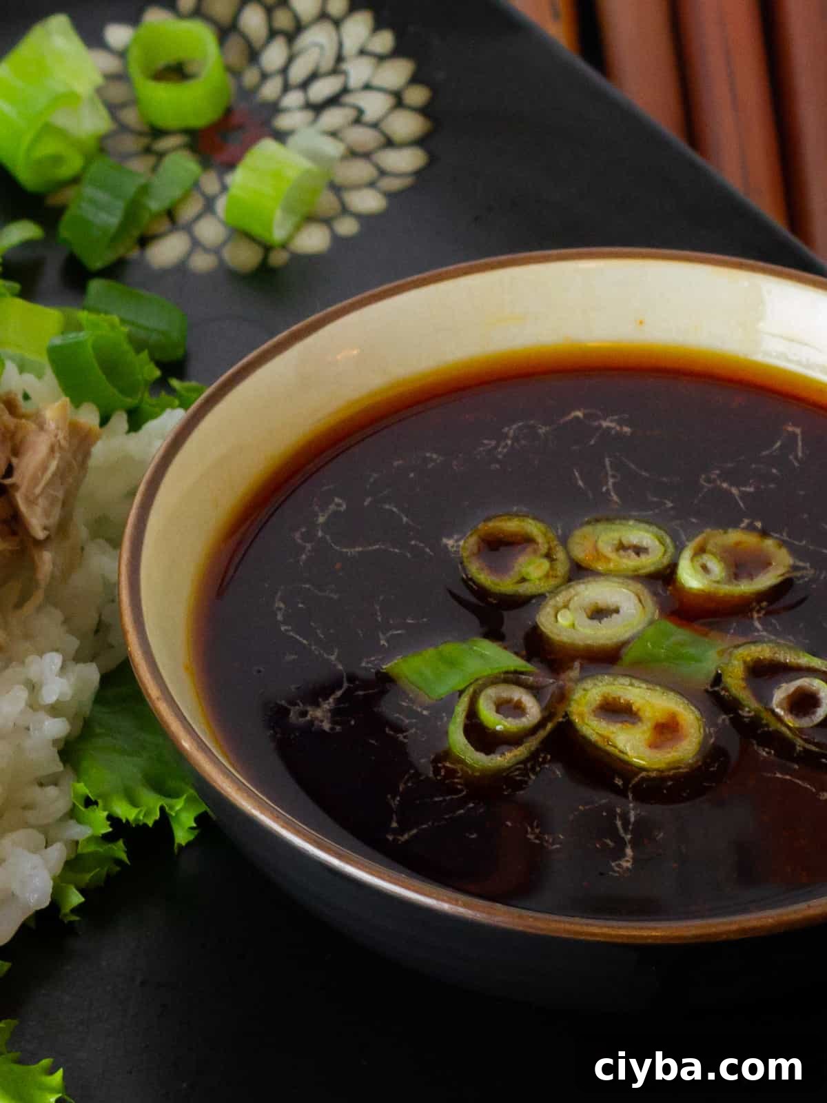 Sauce in a small bowl with sliced green onions.