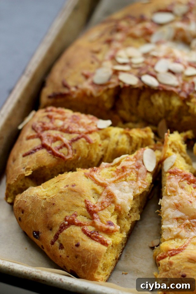 pumpkin focaccia with gruyere and almonds