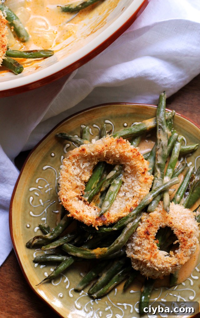 smoky string bean casserole with sriracha buttermilk onion rings
