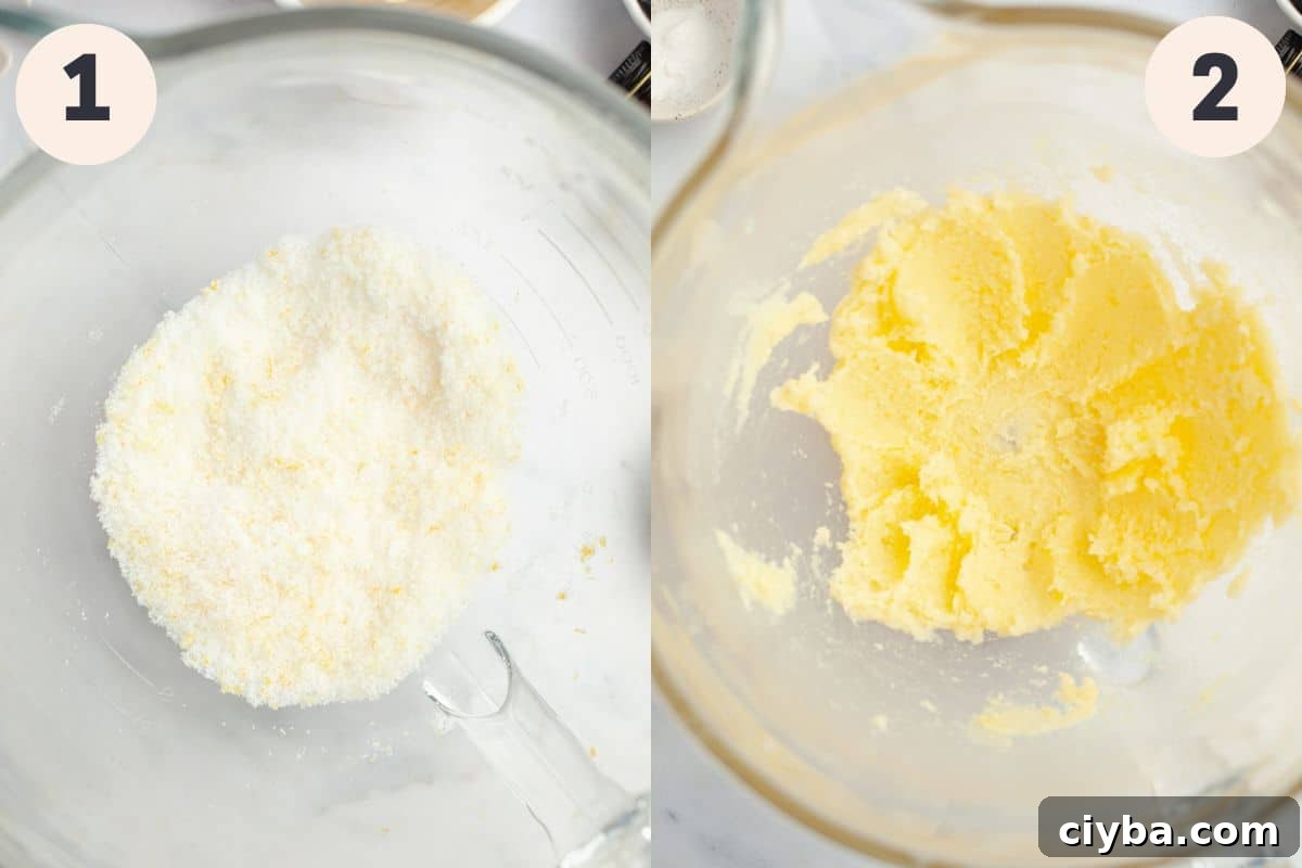 Steps 1 and 2 in the lemon blueberry baking process.