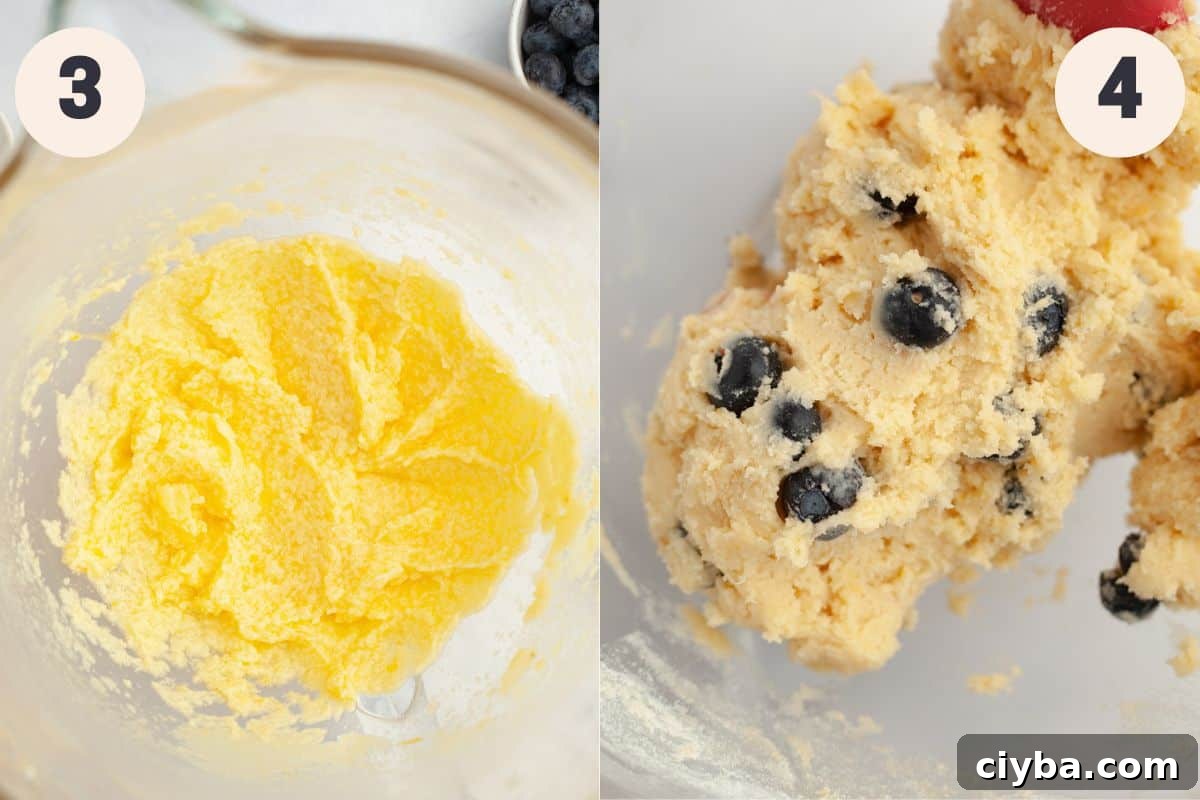 Steps 3 and 4 in the lemon blueberry baking process.