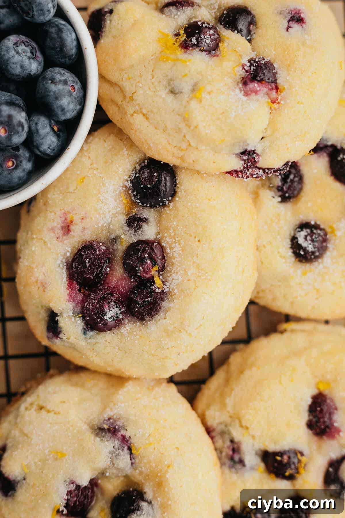 Several blueberry lemon cookies on a wire cooling rack.