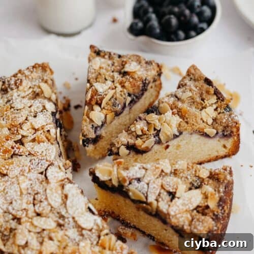 Three slices of blueberry crumb cake with flaked almonds on top