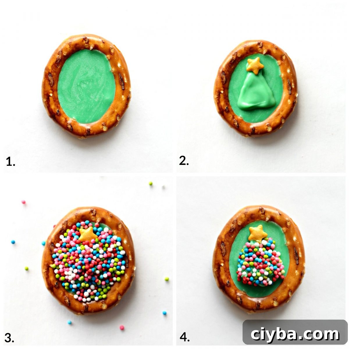 Decorating pretzels; fill with green chocolate, pipe green triangle with star sprinkle, add nonpareils, remove excess.