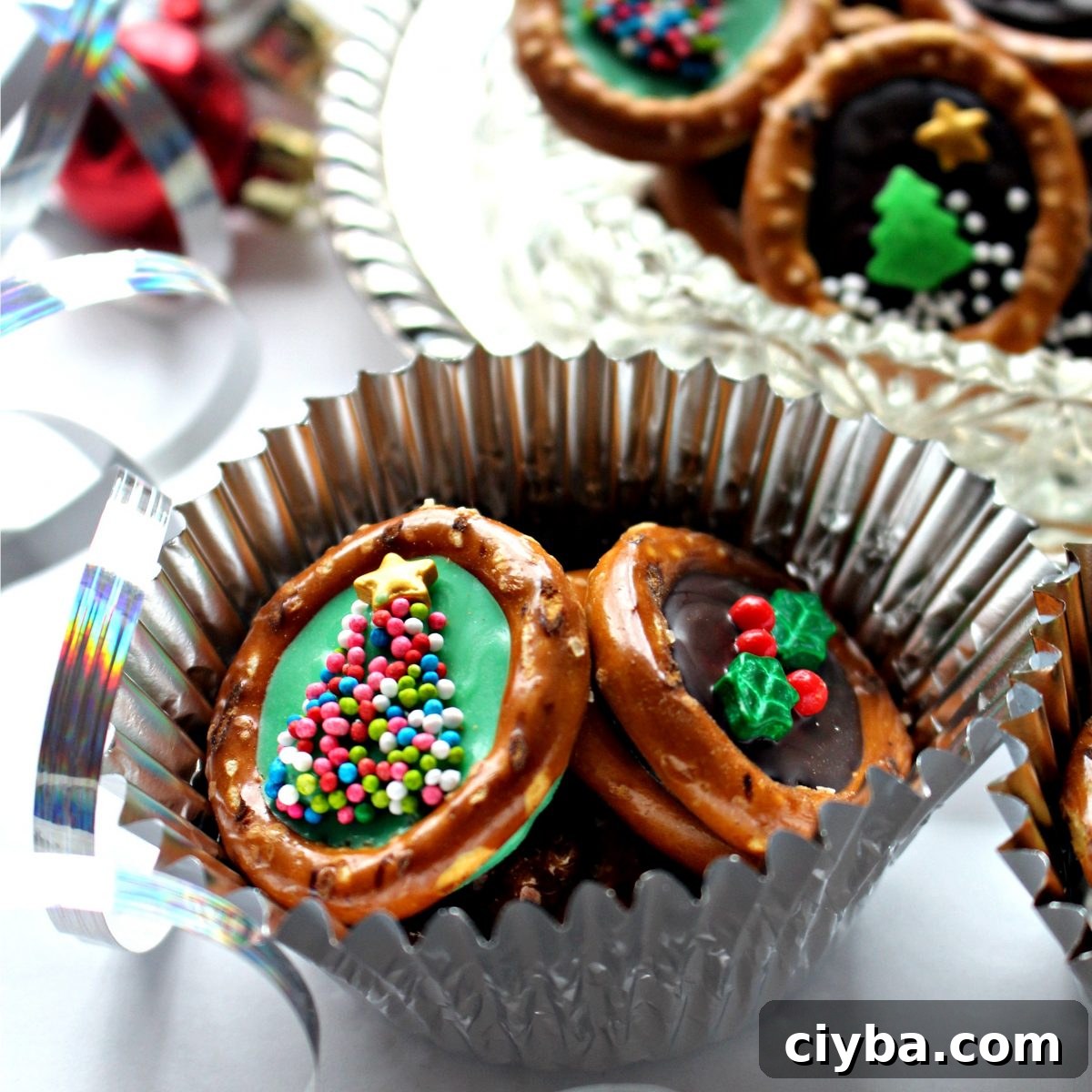 Christmas Pretzels in a silver foil cupcake liner.