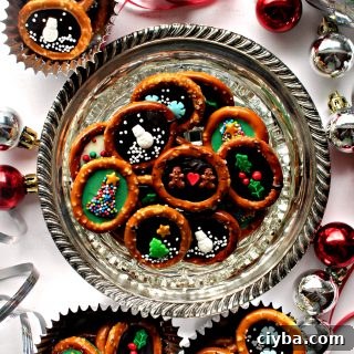 Pretzel rings with chocolate centers and sprinkle designs