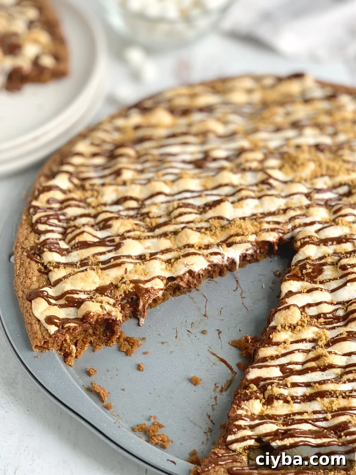 A pizza pan layered with a graham cracker crust, melted chocolate, and toasted marshmallows. A slice has been removed.