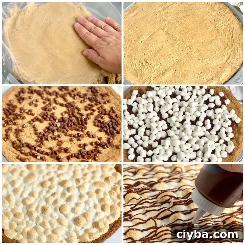S'mores Dessert Pizza Recipe: Gooey Campfire-Inspired Treat 3 A collage of six images showing the dough pressed into a pan, crust baked, chocolate and marshmallows added, marshmallows toasted, and melted chocolate drizzle.