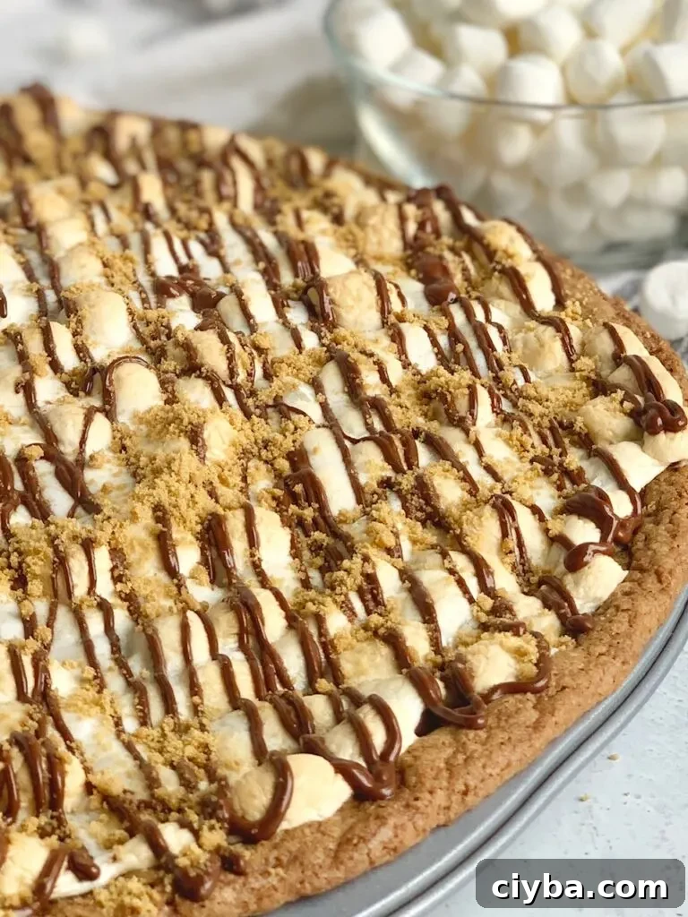 S'mores Dessert Pizza Recipe: Gooey Campfire-Inspired Treat 4 A pizza pan layered with a graham cracker crust, melted chocolate, golden brown mini marshmallows, then drizzled with chocolate and topped with graham cracker crumbs next to a bowl of mini marshmallows.