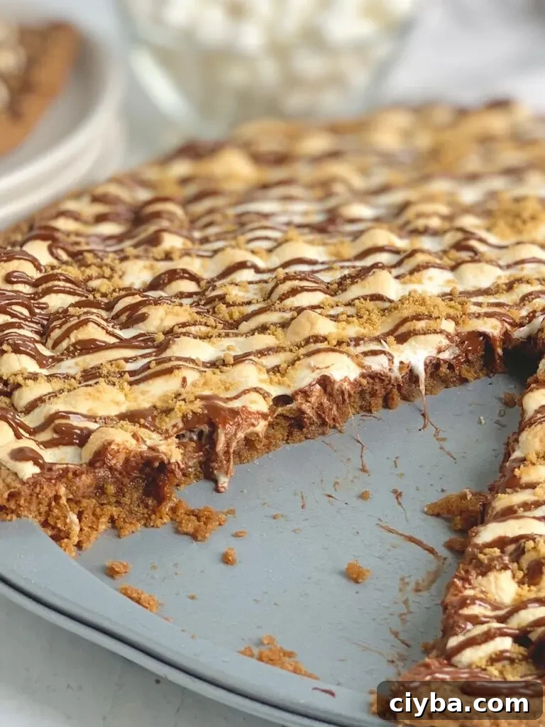 S'mores Dessert Pizza Recipe: Gooey Campfire-Inspired Treat 5 A pizza pan layered with a graham cracker crust, melted chocolate, golden brown mini marshmallows, then drizzled with chocolate and topped with graham cracker crumbs. A large slice is removed from the pizza and placed on a plate nearby.