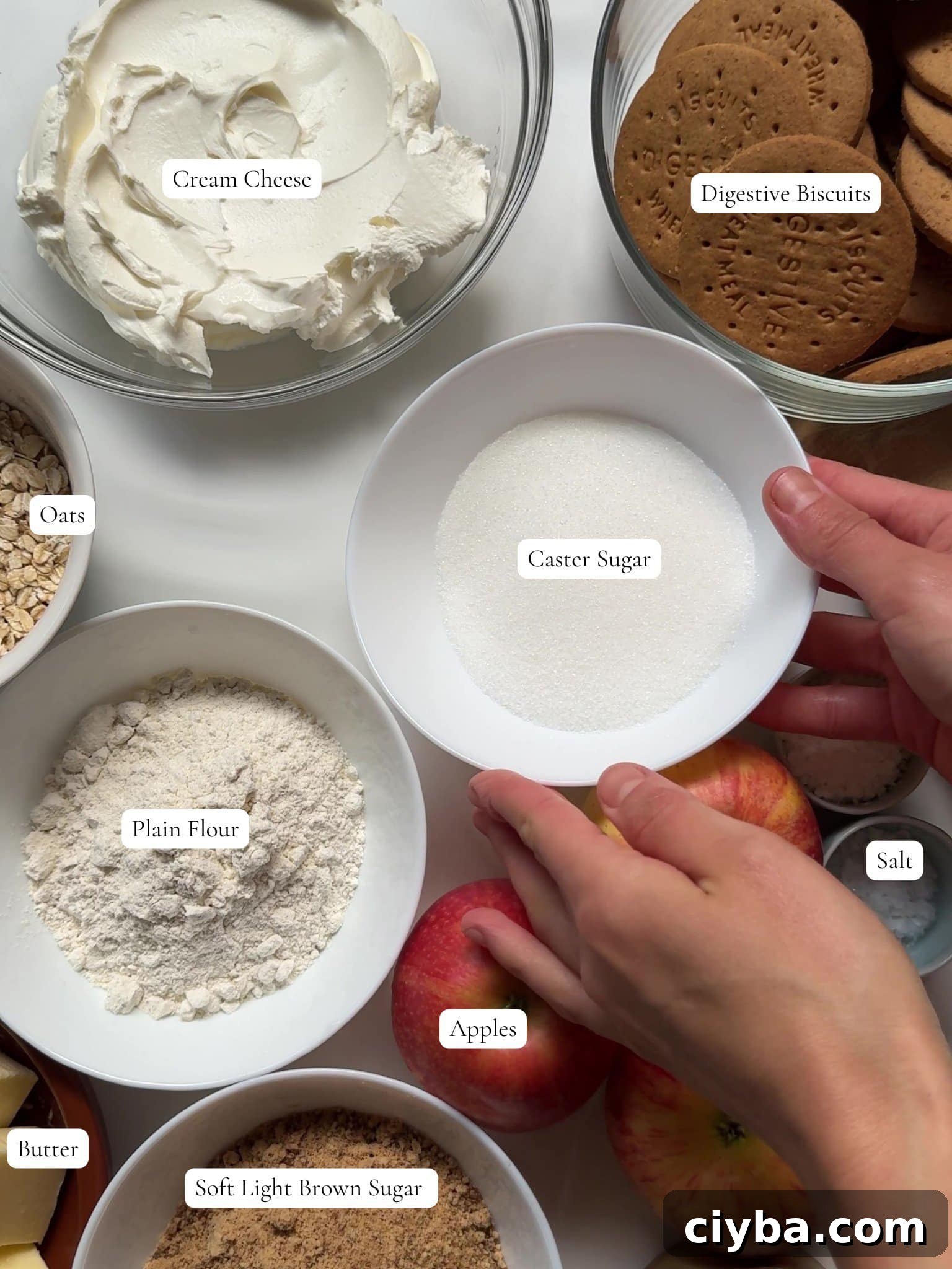 Ingredients to make Apple Crumble Cheesecake.
