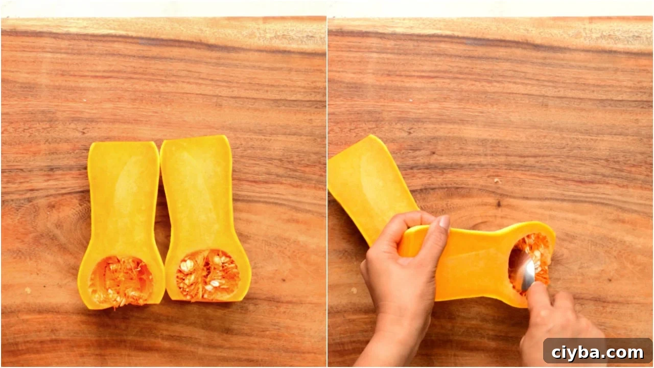 Peel and cut butternut Squash to half. Remove the seeds and pulp.