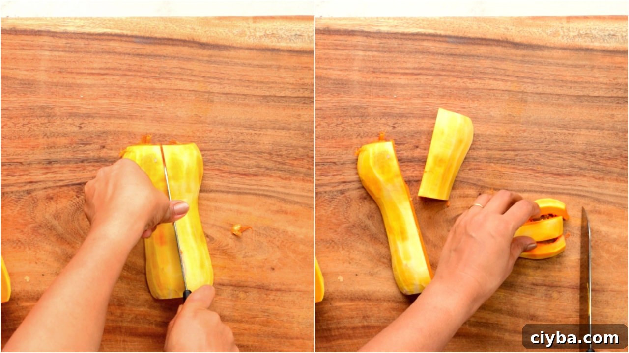 Chop butternut squash to 1 inch cubes. 