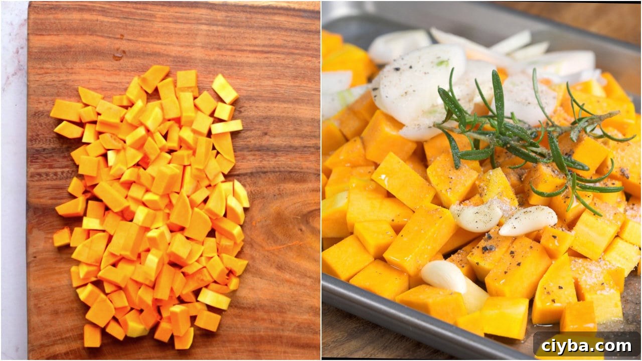 Collage showing steps before roasting - Season butternut squash with salt, pepper and oil. Roast along with onion, garlic and rosemary. 