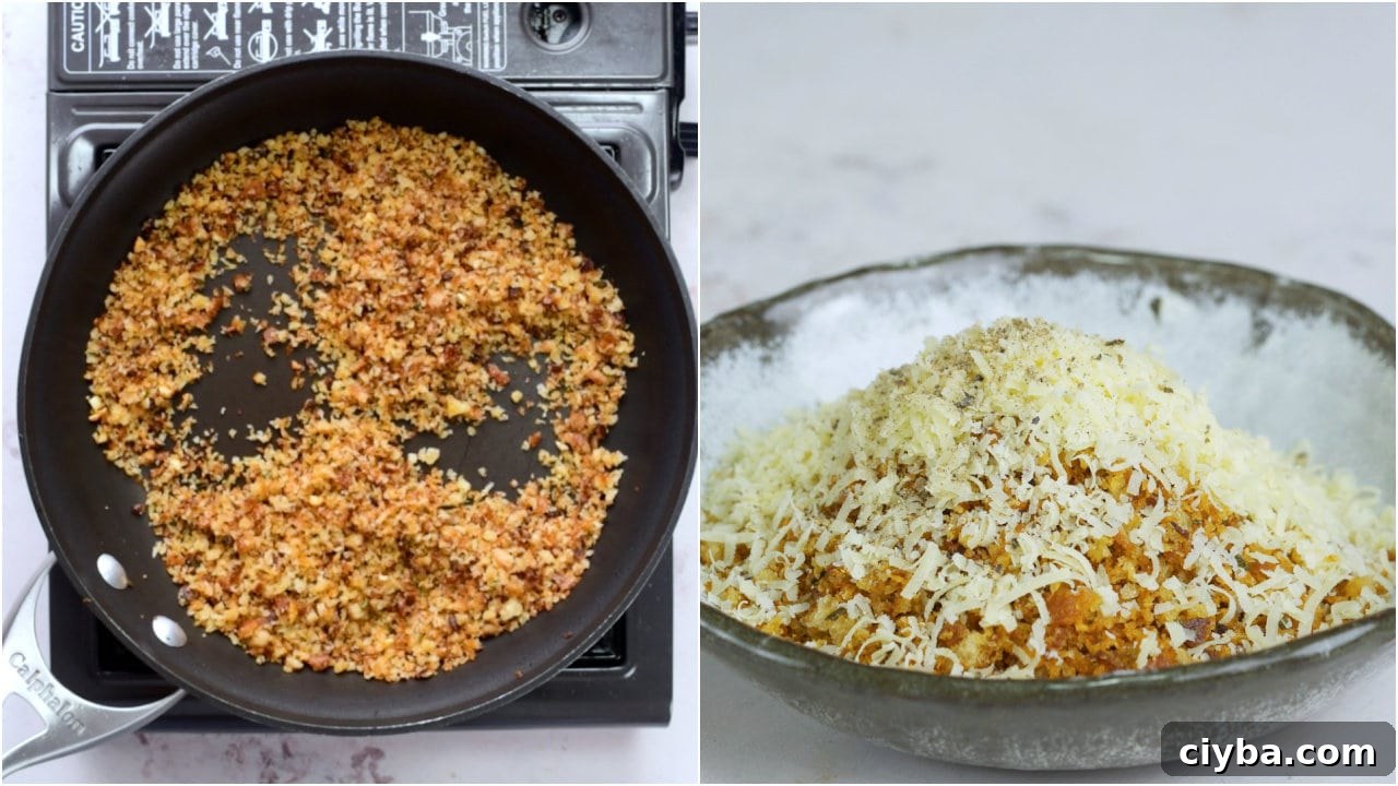 Collage shows steps to make the crumb - To toasted breadcrumbs add grated parmesan and keep aside. 
