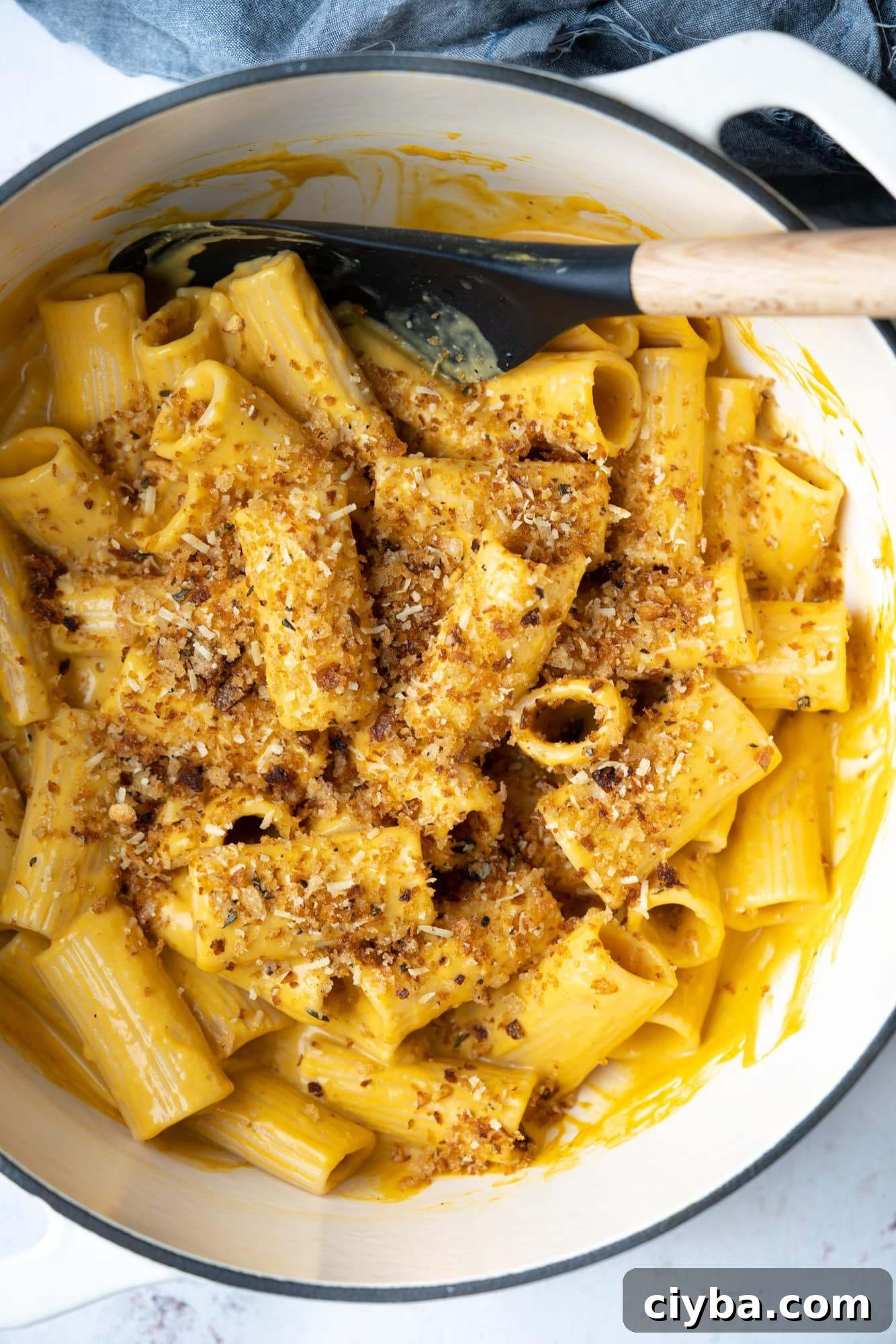Top shot of a pot of creamy rigatoni pasta with roasted butternut squash sauce topped with crispy breadcrumb. 