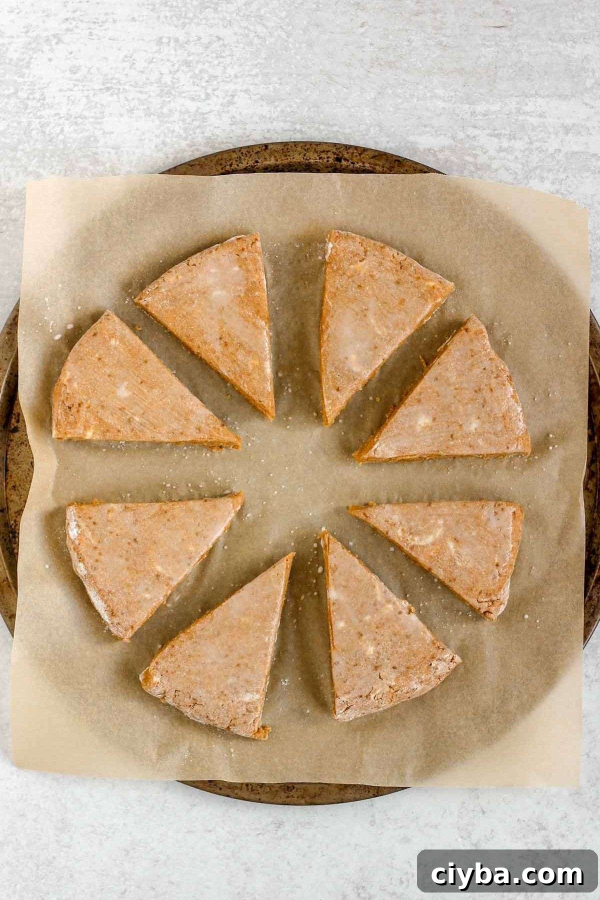Pumpkin scone dough wedges brushed with milk on a round baking sheet.