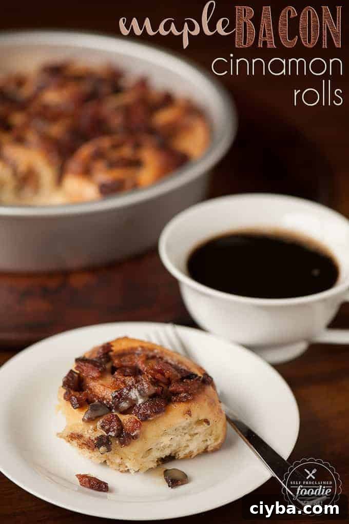A plate bacon cinnamon roll with a cup of coffee