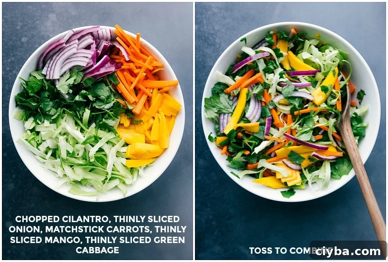 Making the coleslaw by adding cilantro, onion, carrots, mango, and green cabbage, and tossing to combine.