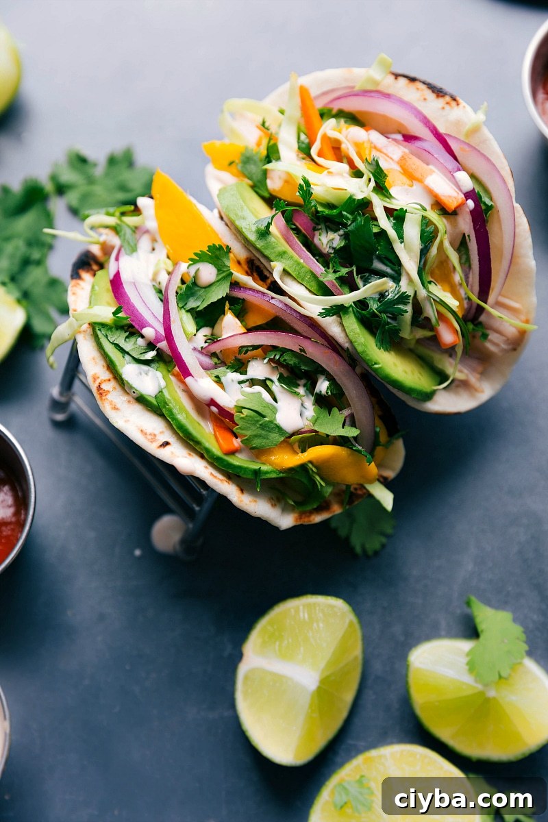 Two asian chicken tacos with chicken, slaw, and sauce, delicious and flavor-packed.