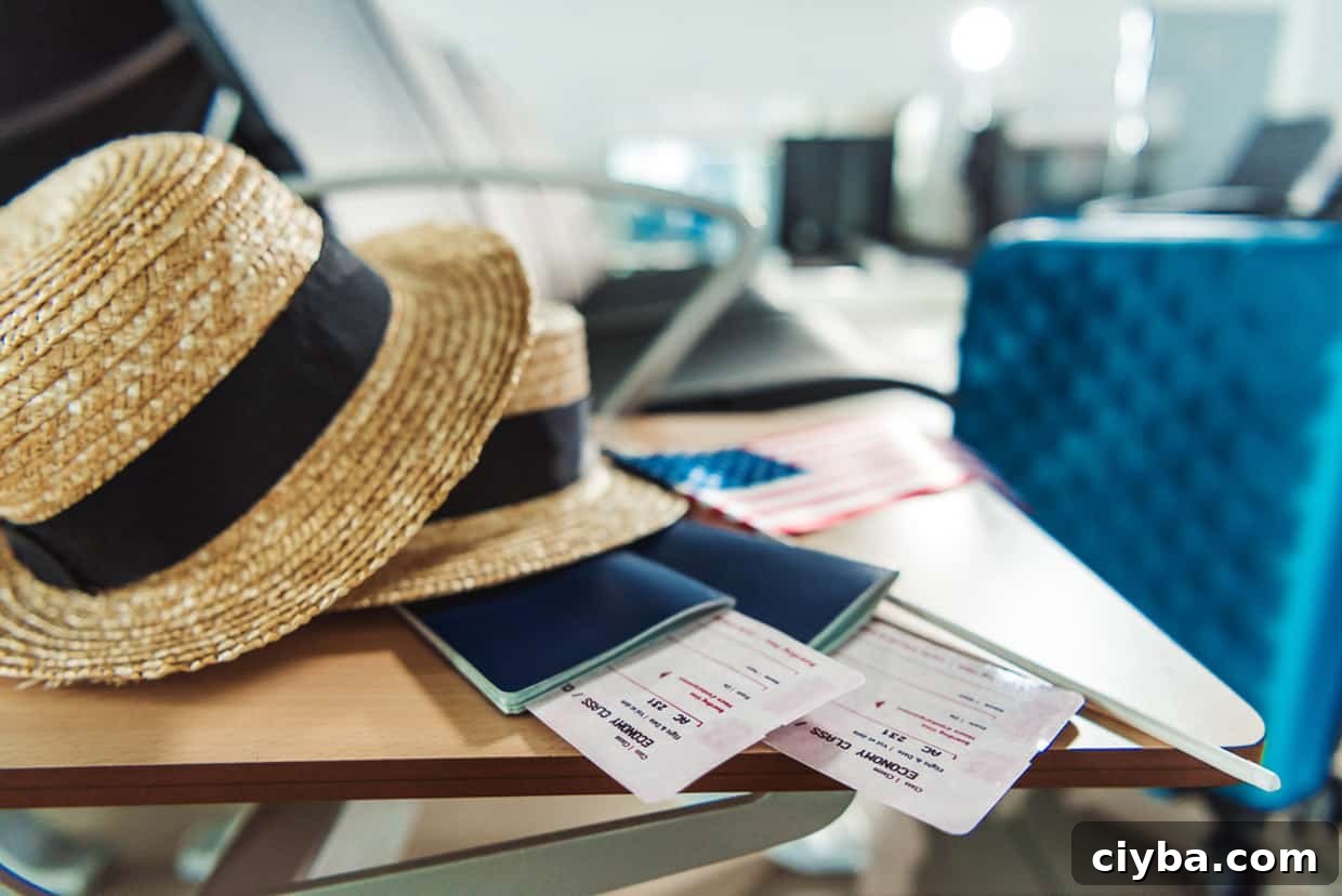 Passports and a hat on a table ready for travel.
