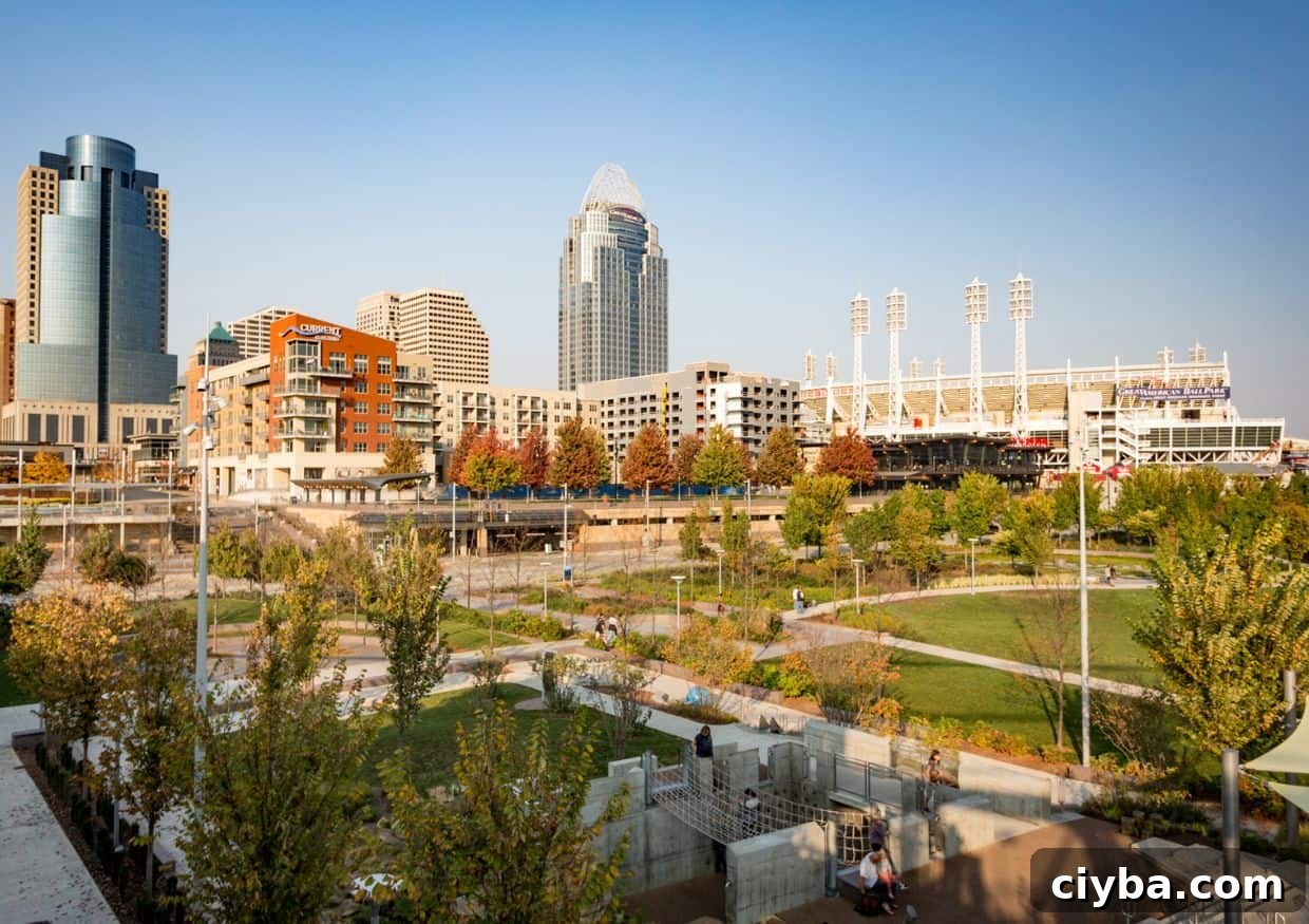 View of Smale Riverfront Park and Downtown Cincinnati on a beautiful fall day.