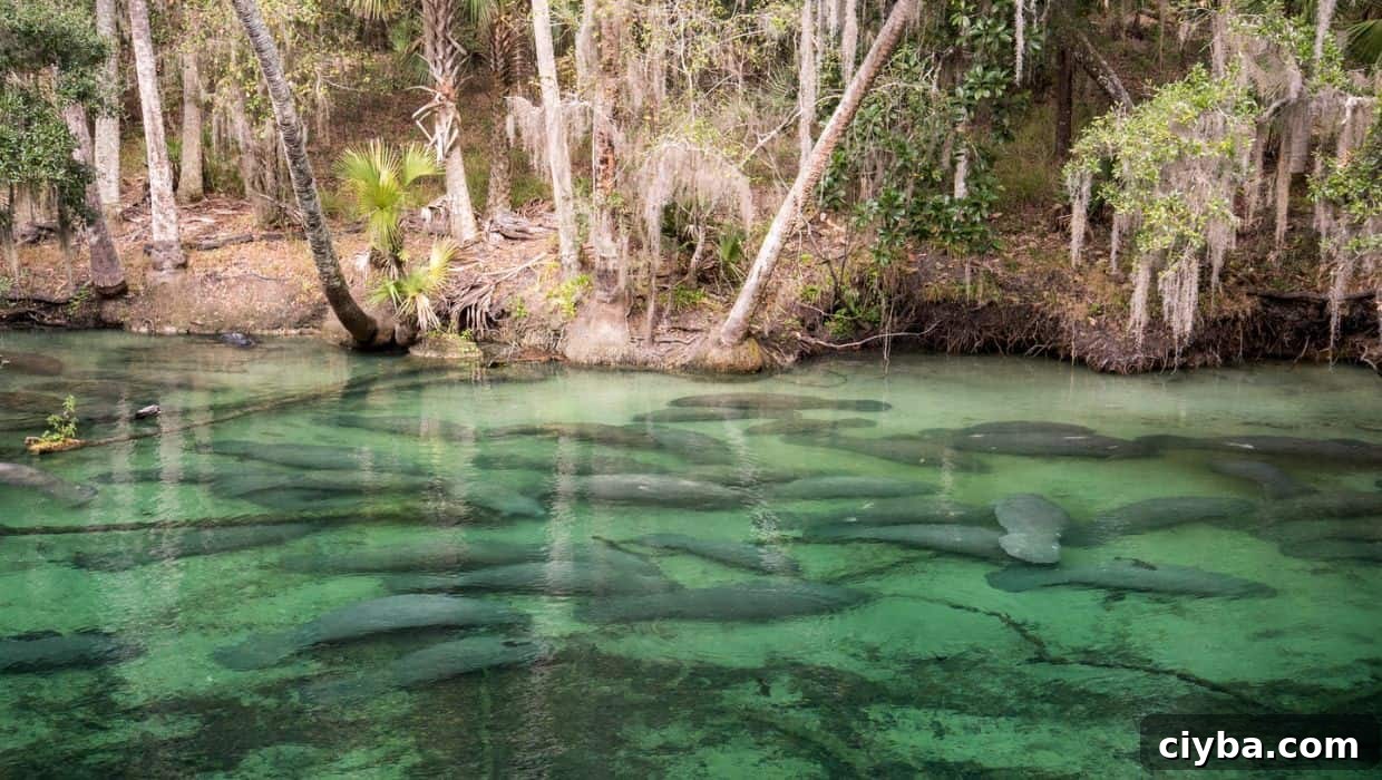 A group of manatees swimming in the crystal clear waters of Blue Spring State Park.